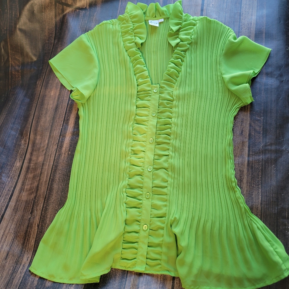 Sash Top Y2K Blouse Pleated Ruffle Green Button Up L